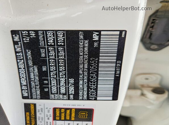 4JGDF6EE6GA705652 2016 MERCEDES-BENZ GL-CLASS White VIN կոդի պիտակի տեսք