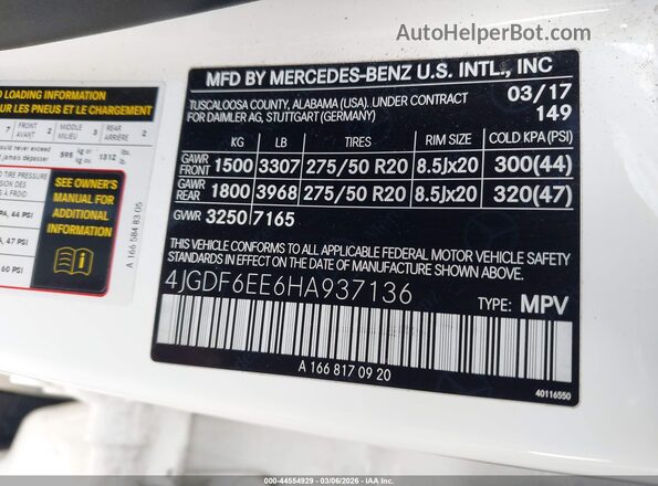 4JGDF6EE6HA937136 2017 MERCEDES-BENZ GLS 450 White Շարժիչի բաժամունքի տեսք