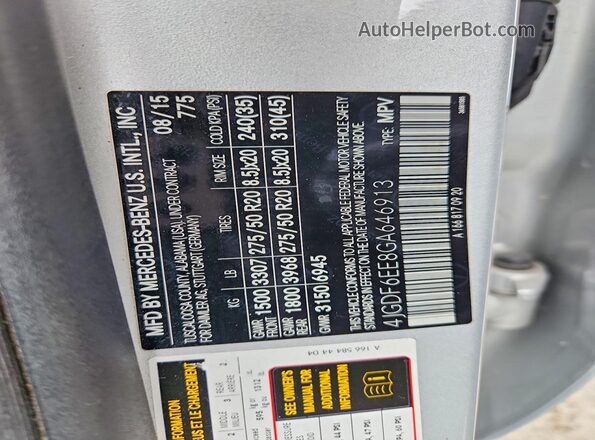 4JGDF6EE8GA646913 2016 MERCEDES-BENZ GL-CLASS Silver Vista de la etiqueta del VIN