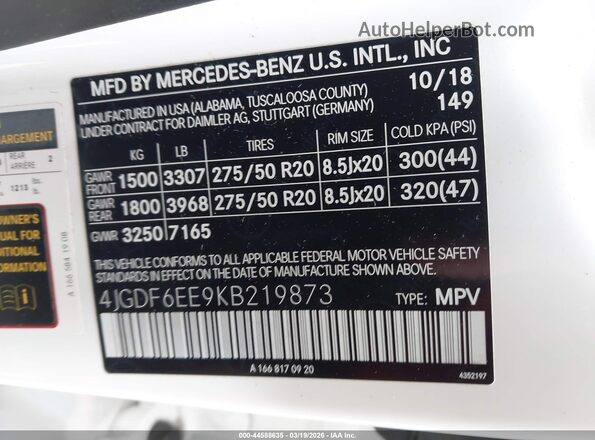 4JGDF6EE9KB219873 2019 MERCEDES-BENZ GLS 450 White ძრავის განყოფილების ხედი