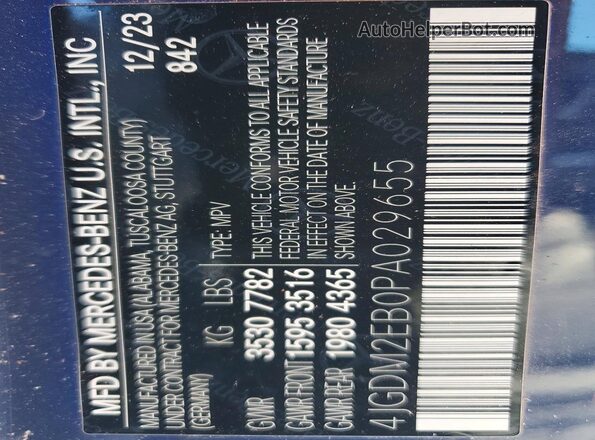 4JGDM2EB0PA029655 2023 MERCEDES-BENZ EQS Blue VIN sticker view