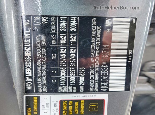 4JGED6EB3KA138714 2019 MERCEDES-BENZ GLE Gray Vista de la etiqueta del VIN