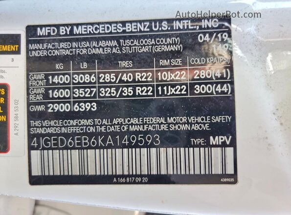 4JGED6EB6KA149593 2019 MERCEDES-BENZ GLE White Սալոնի 360 աստիճան տեսք
