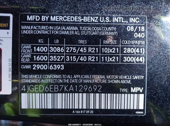 4JGED6EB7KA129692 2019 MERCEDES-BENZ AMG GLE 43 COUPE Black Widok komory silnika