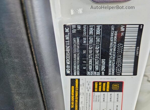 4JGED6EB8KA133329 2019 MERCEDES-BENZ GLE Белый Вид наклейки с VIN-кодом