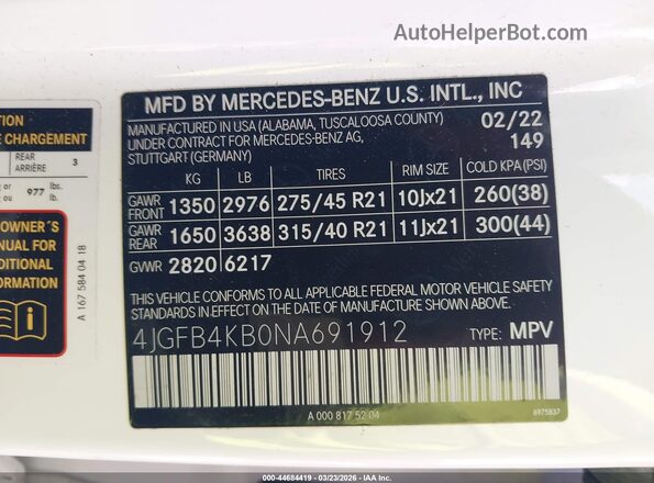 4JGFB4KB0NA691912 2022 MERCEDES-BENZ GLE 350 White Widok komory silnika