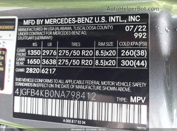 4JGFB4KB0NA798412 2022 MERCEDES-BENZ GLE 350 Gray Vista del compartimento del motor