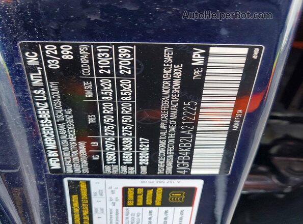 4JGFB4KB2LA212225 2020 MERCEDES-BENZ GLE Blue VIN კოდის სტიკერის ხედი