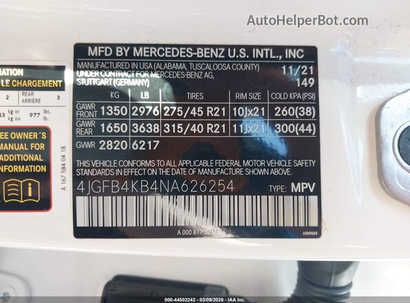 4JGFB4KB4NA626254 2022 MERCEDES-BENZ GLE 350 White Vista del compartimento del motor