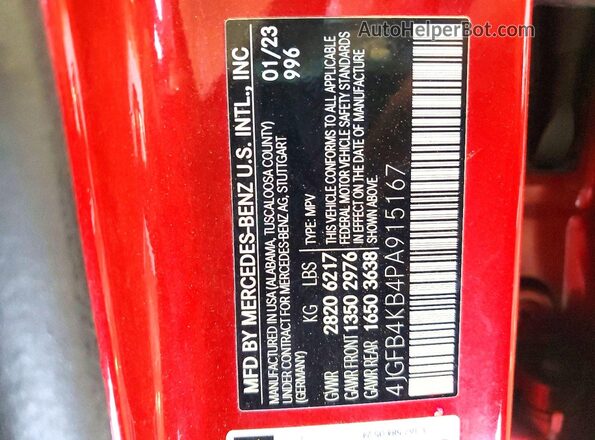 4JGFB4KB4PA915167 2023 MERCEDES-BENZ GLE Red Vista de la etiqueta del VIN