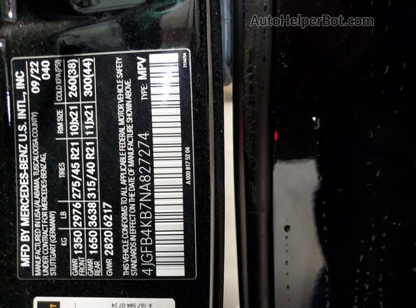 4JGFB4KB7NA827274 2022 MERCEDES-BENZ GLE Черный Вид наклейки с VIN-кодом