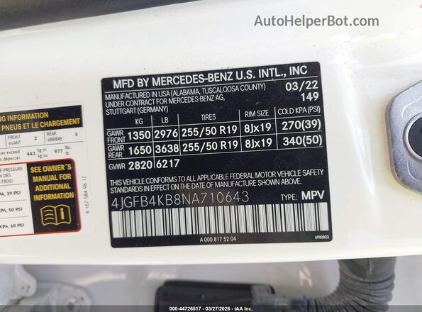 4JGFB4KB8NA710643 2022 MERCEDES-BENZ GLE 350 White Engine compartment view