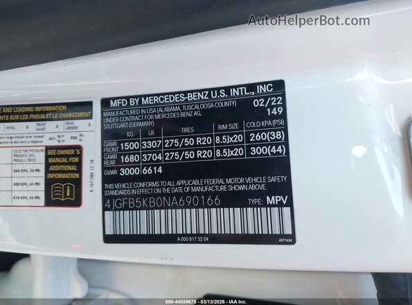 4JGFB5KB0NA690166 2022 MERCEDES-BENZ GLE 450 White Widok komory silnika