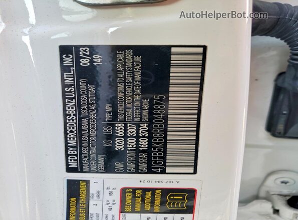 4JGFB5KB8RB048875 2024 MERCEDES-BENZ GLE White VIN კოდის სტიკერის ხედი