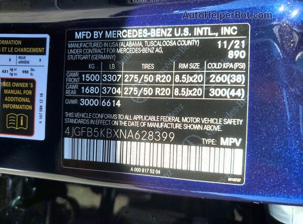4JGFB5KBXNA628399 2022 MERCEDES-BENZ GLE Синий Панорамный вид салона 360°