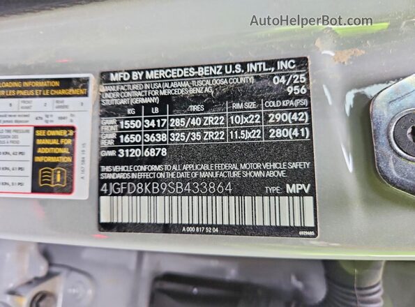4JGFD8KB9SB433864 2025 MERCEDES-BENZ GLE Gray Vista de la etiqueta del VIN