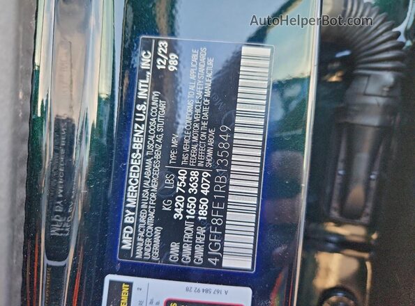 4JGFF8FE1RB135849 2024 MERCEDES-BENZ GLS Зеленый Вид наклейки с VIN-кодом