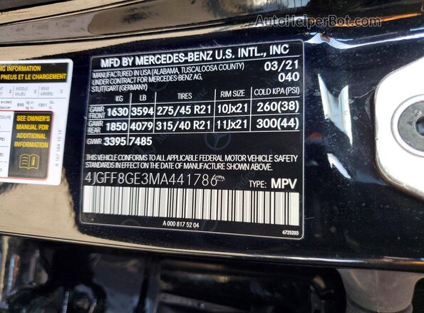 4JGFF8GE3MA441786 2021 MERCEDES-BENZ GLS Черный Вид наклейки с VIN-кодом