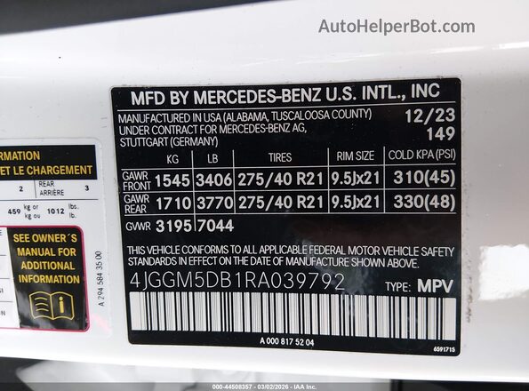 4JGGM5DB1RA039792 2024 MERCEDES-BENZ AMG White Շարժիչի բաժամունքի տեսք