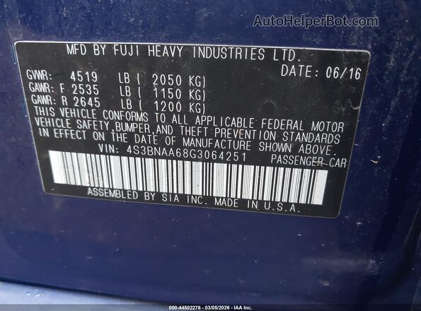 4S3BNAA68G3064251 2016 SUBARU LEGACY Blue ძრავის განყოფილების ხედი