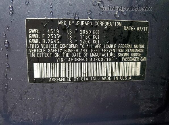 4S3BNAD64J3002168 2018 SUBARU LEGACY Gray Widok naklejki z numerem VIN