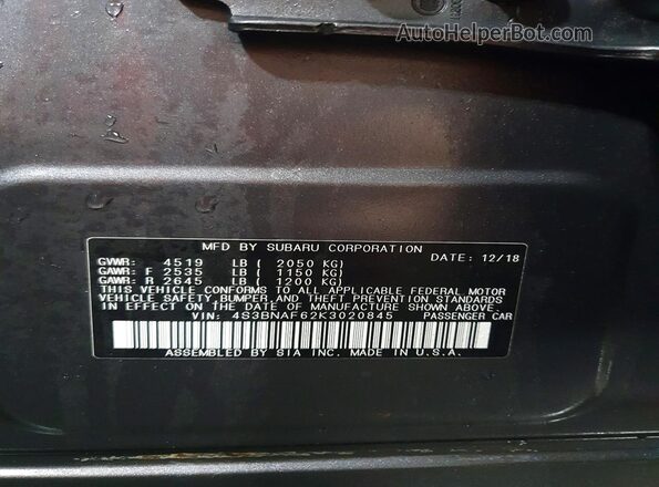 4S3BNAF62K3020845 2019 SUBARU LEGACY Серый Вид подкапотного пространства