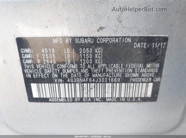 4S3BNAF64J3021669 2018 SUBARU LEGACY Серебряный Вид подкапотного пространства