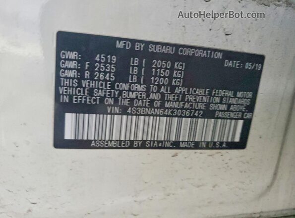 4S3BNAN64K3036742 2019 SUBARU LEGACY Белый Вид наклейки с VIN-кодом