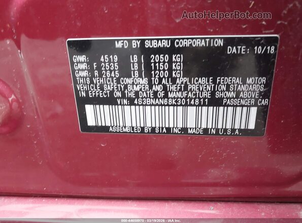 4S3BNAN68K3014811 2019 SUBARU LEGACY Red Widok komory silnika