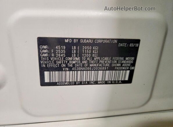 4S3BNAS66J3036891 2018 SUBARU LEGACY White Widok naklejki z numerem VIN