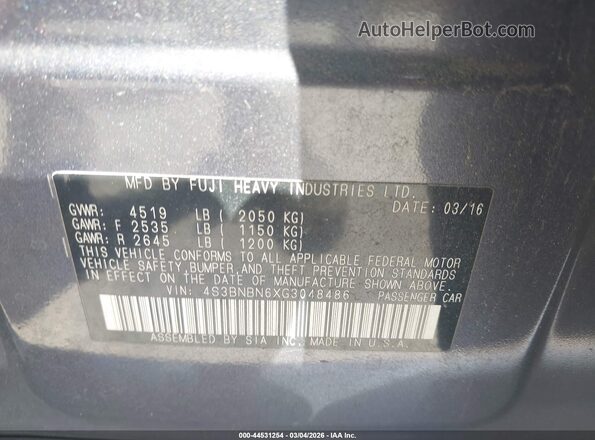 4S3BNBN6XG3048486 2016 SUBARU LEGACY Gray Вид підкапотного простору