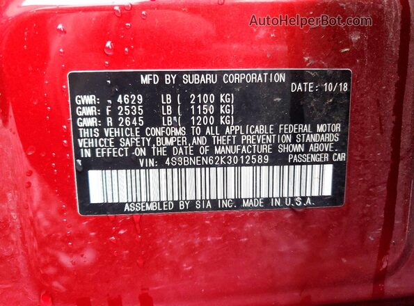 4S3BNEN62K3012589 2019 SUBARU LEGACY Red Vista del compartimento del motor