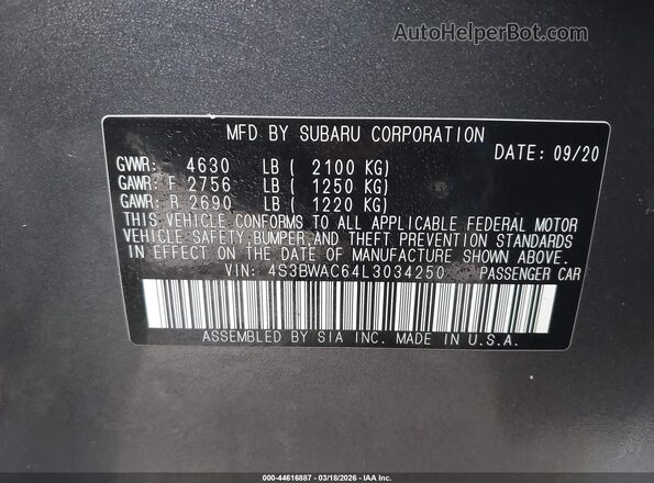 4S3BWAC64L3034250 2020 SUBARU LEGACY Gray Widok komory silnika