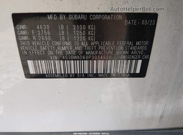 4S3BWAD60P3014520 2023 SUBARU LEGACY White Շարժիչի բաժամունքի տեսք