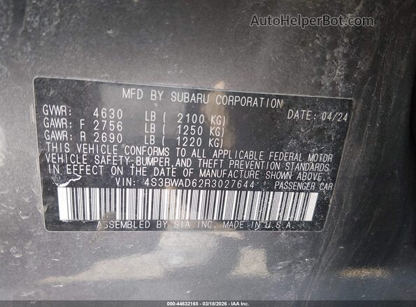 4S3BWAD62R3027644 2024 SUBARU LEGACY Gray Vista del compartimento del motor