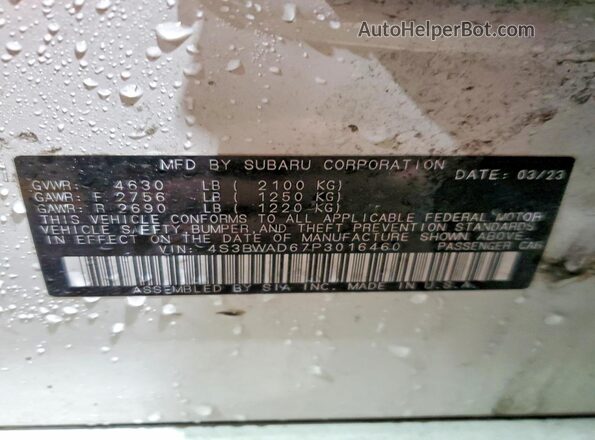 4S3BWAD67P3016460 2023 SUBARU LEGACY Белый Вид наклейки с VIN-кодом