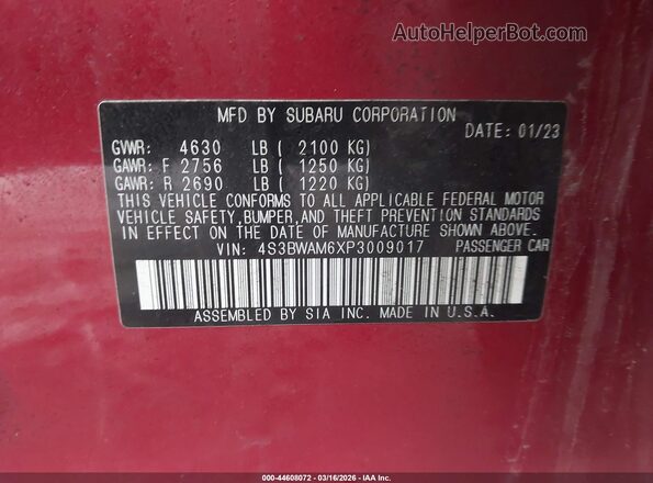 4S3BWAM6XP3009017 2023 SUBARU LEGACY Burgundy Widok komory silnika