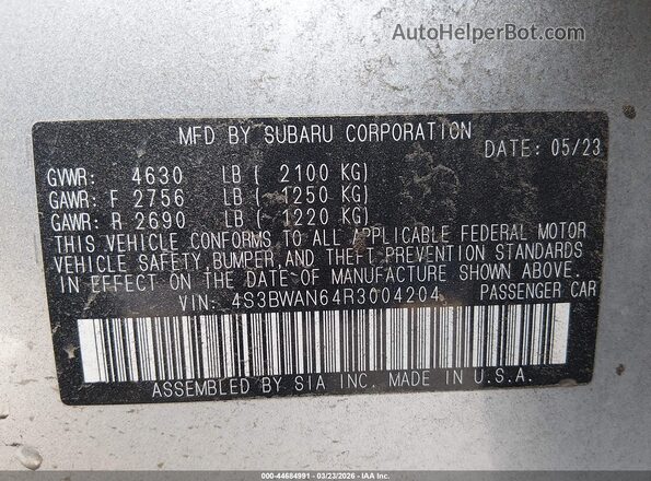 4S3BWAN64R3004204 2024 SUBARU LEGACY Серебряный Вид подкапотного пространства