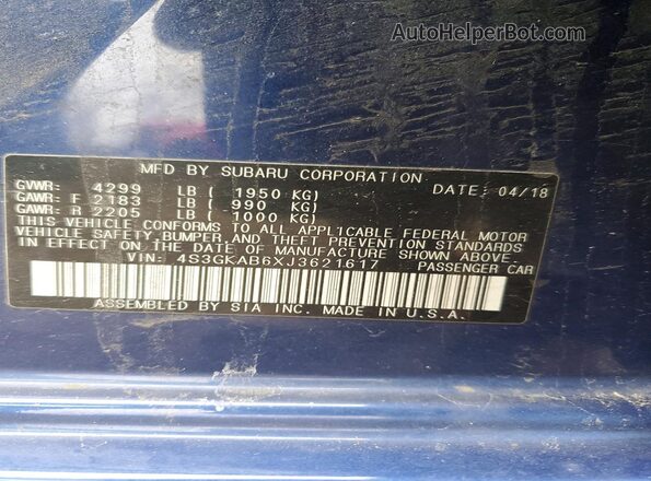 4S3GKAB6XJ3621617 2018 SUBARU IMPREZA Синий Вид наклейки с VIN-кодом