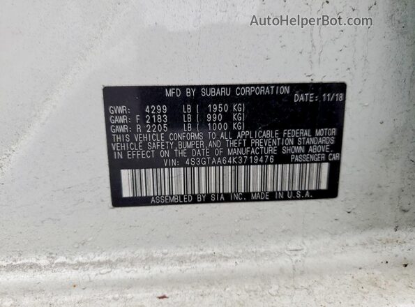 4S3GTAA64K3719476 2019 SUBARU IMPREZA White Vista del compartimento del motor