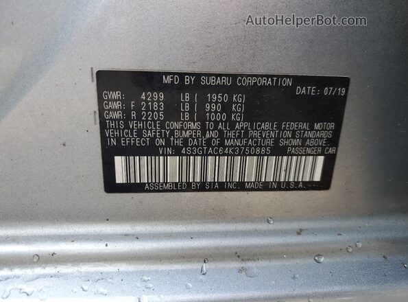 4S3GTAC64K3750885 2019 SUBARU IMPREZA Серебряный Вид наклейки с VIN-кодом
