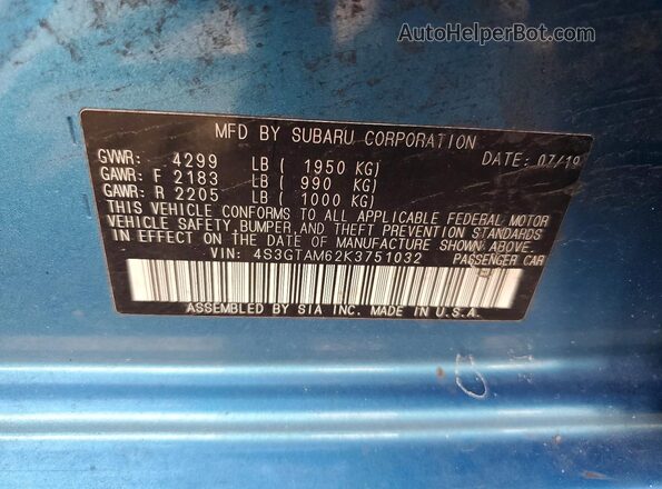 4S3GTAM62K3751032 2019 SUBARU IMPREZA Blue Vista del compartimento del motor