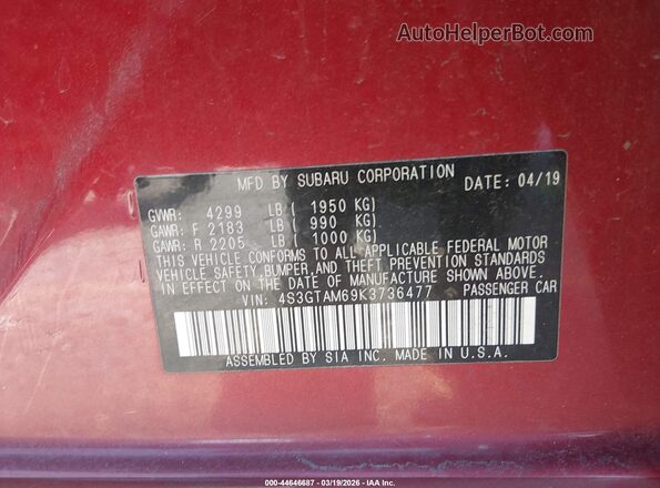4S3GTAM69K3736477 2019 SUBARU IMPREZA Красный Вид подкапотного пространства