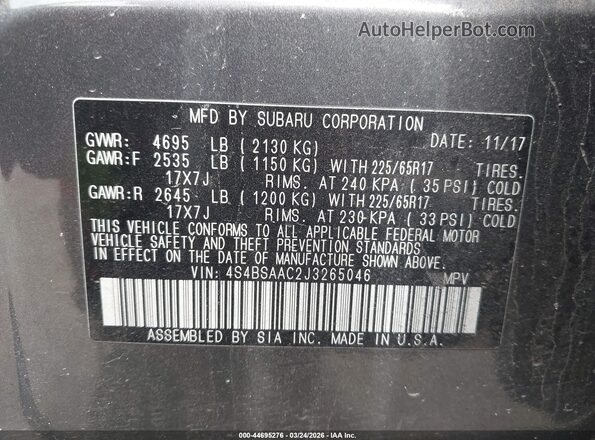 4S4BSAAC2J3265046 2018 SUBARU OUTBACK Серый Вид подкапотного пространства