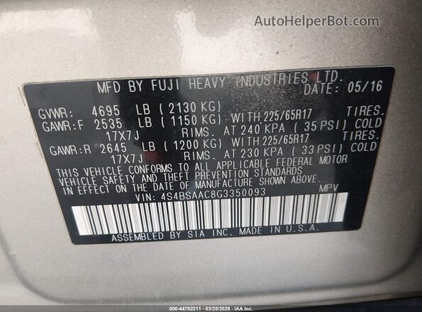 4S4BSAAC8G3350093 2016 SUBARU OUTBACK Tan Вид підкапотного простору