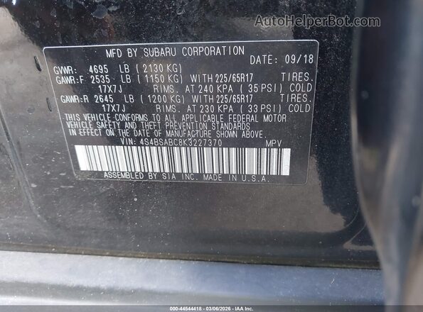 4S4BSABC8K3227370 2019 SUBARU OUTBACK Черный Вид подкапотного пространства