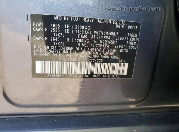 4S4BSACC2G3224230 2016 SUBARU OUTBACK Gray Widok komory silnika