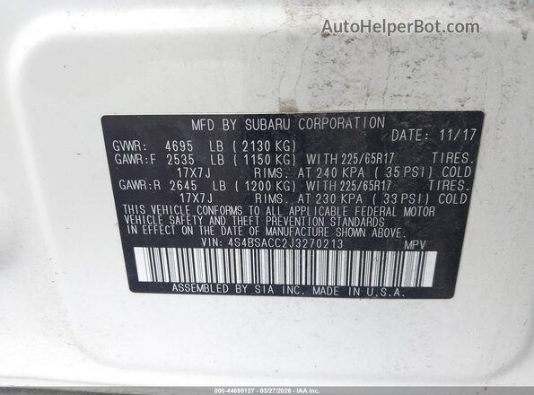 4S4BSACC2J3270213 2018 SUBARU OUTBACK White Widok komory silnika