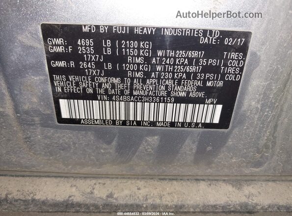 4S4BSACC3H3361159 2017 SUBARU OUTBACK Серебряный Вид подкапотного пространства