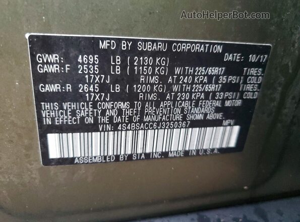 4S4BSACC6J3250367 2018 SUBARU OUTBACK Green Widok naklejki z numerem VIN